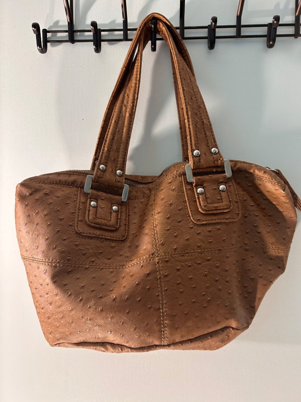 Guess Vintage Y2K Ostrich Embossed Faux Leather Satchel Purse Cognac Brown - Picture 6 of 14